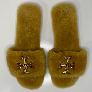 Tory Burch Tan Fur Slides with Gold Accents